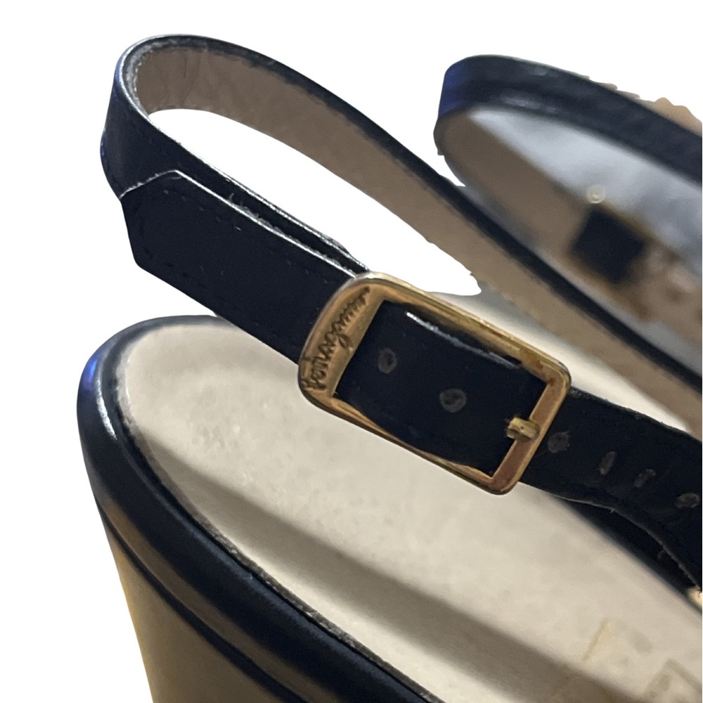 Salvatore Ferragamo Navy Leather Peep-Toe Slingbacks | 7.5AA - Picture 7 of 9